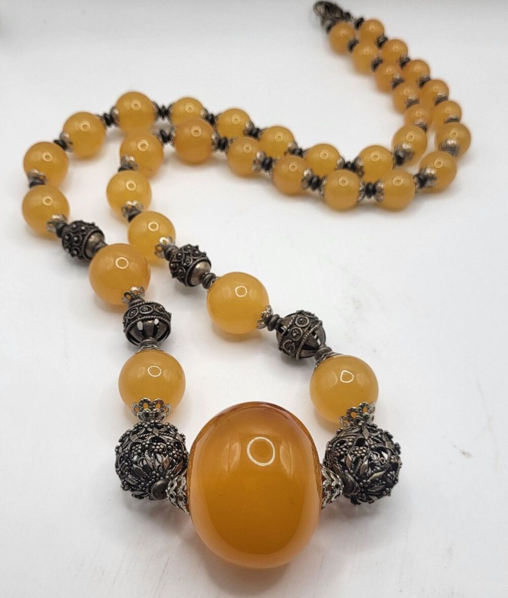 Chunky Faux Baltic Amber Tibetan Silver Tone Filigree Ornate Statement 32in